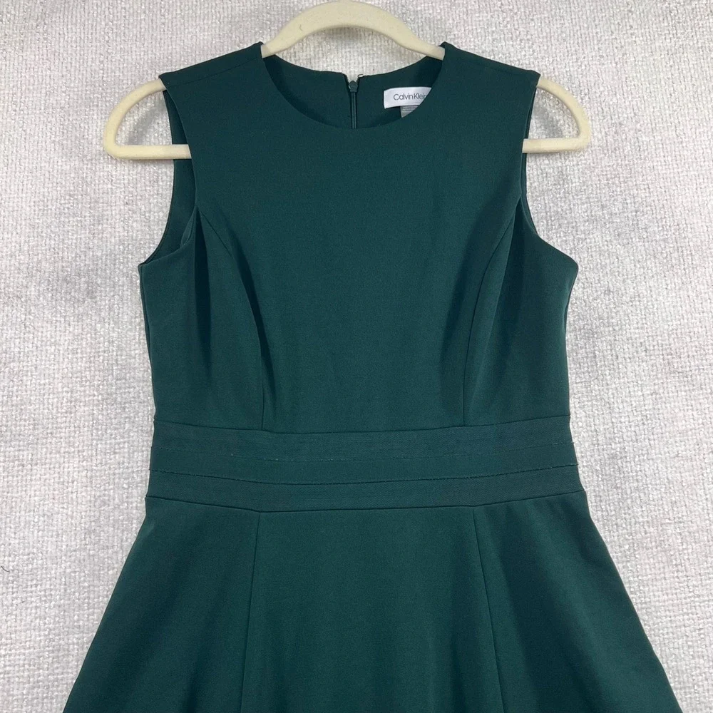Calvin Klein Forest Green Sleeveless Fit and Flare Dress Mesh Hem Size 4 - Picture 3 of 9
